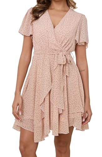 Jiraewh Damen Chiffon Kurz Kleid V-Ausschnitt Kurzarm Sommerkleid Polka-Punkte Elegant Rüschen Minikleid Casual Swing Skater Kleid Hohe Taille Partykleid Wickelkleid mit Gürtel （5086-PK Punkt M von Jiraewh