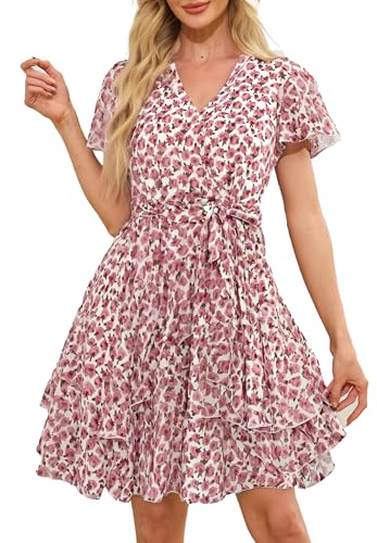 Jiraewh Damen Chiffon Kurz Kleid V-Ausschnitt Kurzarm Sommerkleid Rose Blume Elegant Rüschen Minikleid Casual Swing Skater Kleid Hohe Taille Partykleid Wickelkleid mit Gürtel （5086-PK Rose S von Jiraewh
