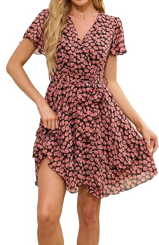 Jiraewh Damen Chiffon Kurz Kleid V-Ausschnitt Kurzarm Sommerkleid Rose Blume Elegant Rüschen Minikleid Casual Swing Skater Kleid Hohe Taille Partykleid Wickelkleid mit Gürtel （5086-RD Rose S von Jiraewh