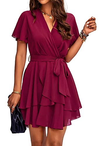 Jiraewh Damen Chiffon Kurz Kleid V-Ausschnitt Kurzarm Sommerkleid Tunika Kleider Einfarbig Elegant Rüschen Minikleid Casual Swing Skater Kleid Hohe Taille Partykleid Wickelkleid mit Gürtel （5086-WR,M） von Jiraewh