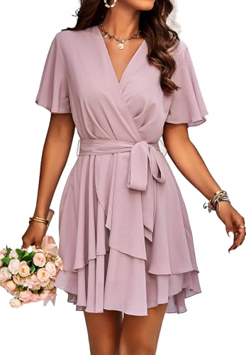 Jiraewh Damen Chiffon Kurz Kleid V-Ausschnitt Kurzarm Sommerkleid Tunika Kleider Einfarbig Elegant Rüschen Minikleid Casual Swing Skater Kleid Hohe Taille Partykleid Wickelkleid mit Gürtel （5086-PK,M） von Jiraewh