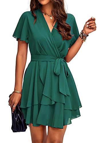 Jiraewh Damen Chiffon Kurz Kleid V-Ausschnitt Kurzarm Sommerkleid Tunika Kleider Einfarbig Elegant Rüschen Minikleid Casual Swing Skater Kleid Hohe Taille Partykleid Wickelkleid mit Gürtel （5086-GN,M） von Jiraewh