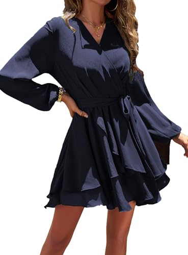 Jiraewh Damen Chiffon Kurz Kleid V-Ausschnitt Langarm Sommerkleid Tunika Kleider Einfarbig Elegant Rüschen Minikleid Casual Swing Skater Partykleid Wickelkleid Hohe Taille mit Gürtel(6019- DB L) von Jiraewh