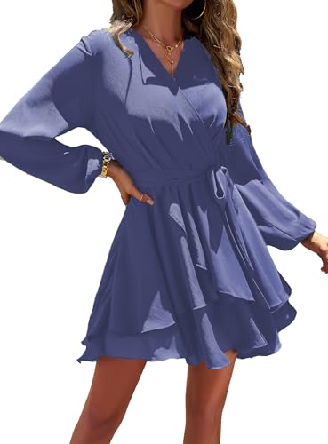 Jiraewh Damen Chiffon Kurz Kleid V-Ausschnitt Langarm Sommerkleid Tunika Kleider Einfarbig Elegant Rüschen Minikleid Casual Swing Skater Partykleid Wickelkleid Hohe Taille mit Gürtel(6019- NB S) von Jiraewh