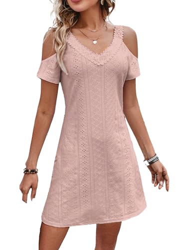 Jiraewh Damen Einfarbig Ösen Schulterfreies Kurzarm Spitze V-Ausschnitt Sommerkleid Mini Kleid für Urlaub und Freizeit (DE/NL/SE/PL, Alphanumerisch, M, Regular, Regular, Pink) von Jiraewh