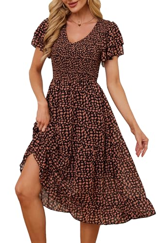 Jiraewh Damen Elegant Sommerkleid Kurzarm Blumen Lange Kleid Chiffon Falten V-Ausschnitt Wickelkleid Hohe Taille Rüschen Maxikleid Partykleider(5071-BKCO, S) von Jiraewh