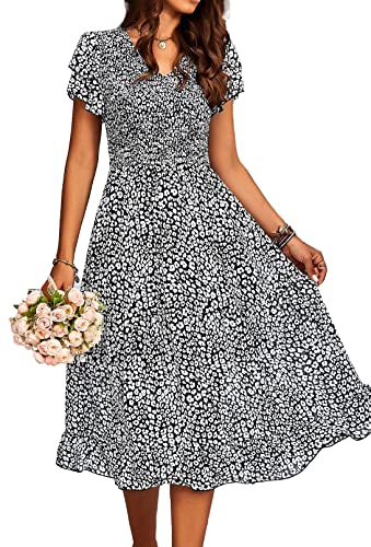 Jiraewh Damen Elegant Sommerkleid Kurzarm Blumen Lange Kleid Chiffon Falten V-Ausschnitt Wickelkleid Hohe Taille Rüschen Maxikleid Partykleider(5071-BKS) von Jiraewh