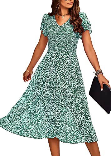 Jiraewh Damen Elegant Sommerkleid Kurzarm Blumen Lange Kleid Chiffon Falten V-Ausschnitt Wickelkleid Hohe Taille Rüschen Maxikleid Partykleider(5071-GNS) von Jiraewh
