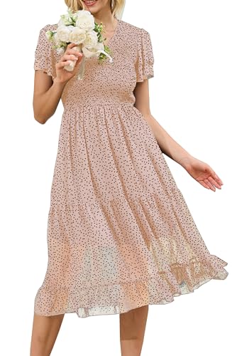 Jiraewh Damen Elegant Sommerkleid Kurzarm Blumen Lange Kleid Chiffon Falten V-Ausschnitt Wickelkleid Hohe Taille Rüschen Maxikleid Partykleider(5071-PK Punkt, M) von Jiraewh