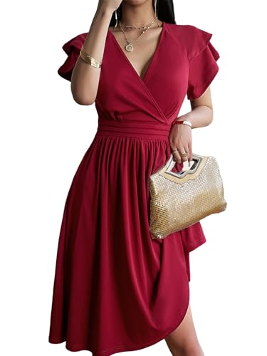 Jiraewh Damen Elegant Swing Retro Party Cocktailkleid V-Ausschnitt Rockabilly Freizeitkleider Kurze Ärmel Hohe Taille Knielanges Sommerkleid (L,Weinrot) von Jiraewh
