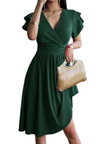Jiraewh Damen Elegant Swing Retro Party Cocktailkleid V-Ausschnitt Rockabilly Freizeitkleider Kurze Ärmel Hohe Taille Knielanges Sommerkleid (S,Dunkelgrün) von Jiraewh