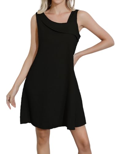 Jiraewh Damen Lose Mini-Tankkleid ärmelloses Casual Sommerkleid Textur Einfarbig Urlaubskleid (L, Schwarz) von Jiraewh