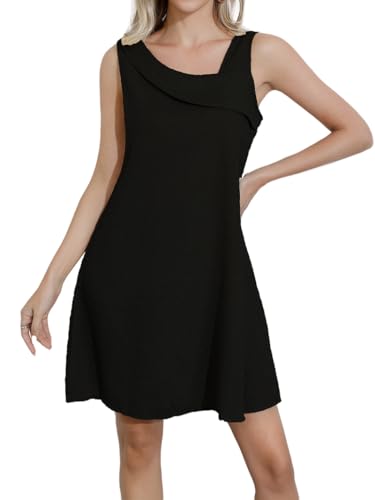 Jiraewh Damen Lose Mini-Tankkleid ärmelloses Casual Sommerkleid Textur Einfarbig Urlaubskleid (XXL, Schwarz) von Jiraewh