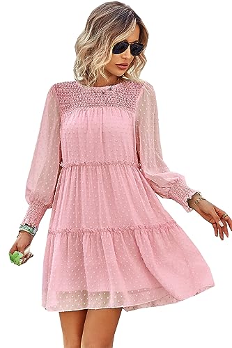 Jiraewh Damen Lose Sommerkleid Chiffon Minikleid Rundhals Langarm Elegant Einfarbig Cocktailkleider Swing-Kleid Polka Punkte Laternenärmel Partykleider (5082-PK,M) von Jiraewh