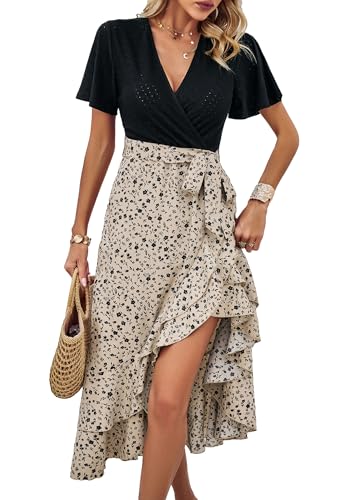 Jiraewh Damen Sommerkleid V-Ausschnitt Kurzarm High Low Wickelkleid Rüschen Midi Patchwork Punkte&Blumen Elegant Cocktailkleid mit Gürtel (DE/NL/SE/PL, Alphanumerisch, S, Regular, Regular, Aprikose) von Jiraewh