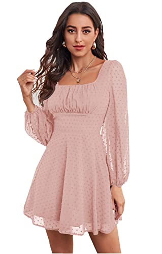 Jiraewh Damen Sommerkleider Langarm Polka Dots Cocktailkleid Elegant Einfarbig Square Neck A-Linie Minikleider (XL, 5027-Rosa) von Jiraewh