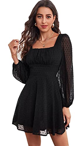 Jiraewh Damen Sommerkleider Langarm Polka Dots Cocktailkleid Elegant Einfarbig Square Neck A-Linie Minikleider (m, 5027-Schwarz) von Jiraewh