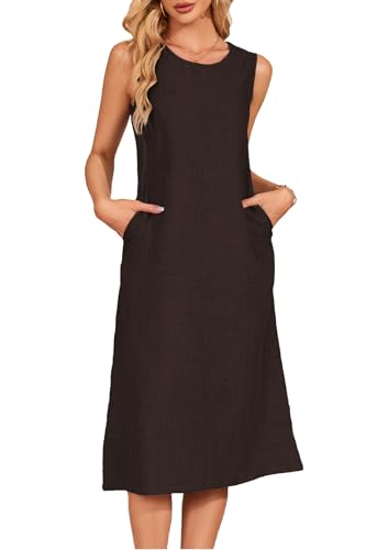 Jiraewh Damen Tank Top Kleider ärmelloses Lose Kleid Knielang Casual Rundhals Sommerkleid Midi Strandkleid mit Taschen(6022-BR- L) von Jiraewh