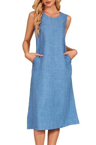 Jiraewh Damen Tank Top Kleider ärmelloses Lose Kleid Knielang Casual Rundhals Sommerkleid Midi Strandkleid mit Taschen(6022-DB- 3XL) von Jiraewh