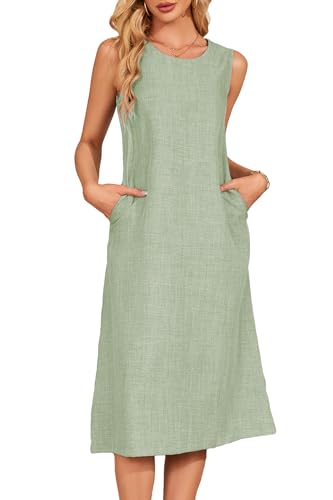 Jiraewh Damen Tank Top Kleider ärmelloses Lose Kleid Knielang Casual Rundhals Sommerkleid Midi Strandkleid mit Taschen(6022-GN- 3XL) von Jiraewh