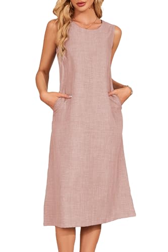 Jiraewh Damen Tank Top Kleider ärmelloses Lose Kleid Knielang Casual Rundhals Sommerkleid Midi Strandkleid mit Taschen(6022-PK- L) von Jiraewh