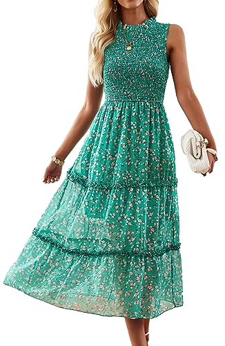 Jiraewh Damen ärmellos Sommerkleid Blumen Boho Chiffonkleid Rundhals Casual Strandkleid Elastizität Hohe Taille Gesmokte abgestufte Midikleid Partykleid(5081-GN L) von Jiraewh