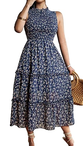 Jiraewh Damen ärmellos Sommerkleid Blumen Boho Chiffonkleid Rundhals Casual Strandkleid Elastizität Hohe Taille Gesmokte abgestufte Midikleid Partykleid(5081-MB L) von Jiraewh