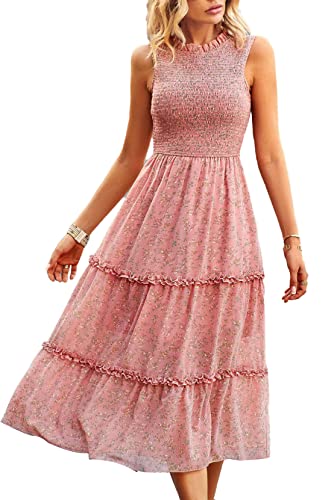 Jiraewh Damen ärmellos Sommerkleid Blumen Boho Chiffonkleid Rundhals Casual Strandkleid Elastizität Hohe Taille Gesmokte abgestufte Midikleid Partykleid (5081-PK,L) von Jiraewh