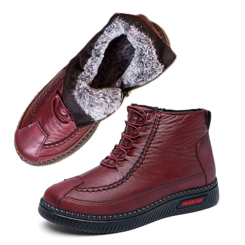 JishinGal Damen Winter Neue Fleece Verdickte Warme Weiche Unterseite Baumwolle Stiefel Wasserdicht Slip-on Schneeschuhe Leder Stiefeletten, Rot/Ausflug, einfarbig (Getaway Solids), 40.5 EU von JishinGal