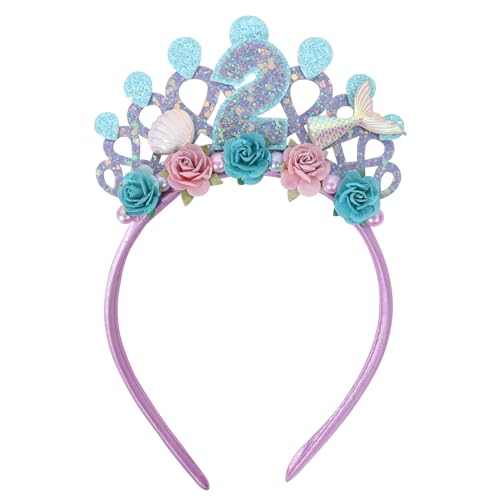 Jissoo Haarband für Babys zum 2. Geburtstag, mit violetten Blumen – Meerjungfrauen-Themen-Haarband für 2 Jahre alte Party-Dekorationen, Baby-Stirnband für Mädchen von Jissoo