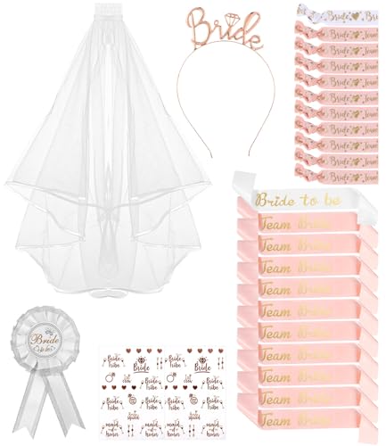 Jissta 27PCS Bride to Be und Team Bride Schärpe Deko, Frauen Junggesellinnenabschied Set mit Schleier, Tiara, Schärpe, Handgelenkband, Abzeichen und Tattoos, JGA Schärp Accessoires Jissta 27PCS Bride to Be und Team Bride Schärpe Deko, Frauen Junggesellinnenabschied Set mit Schleier, Tiara, Schärpe, Handgelenkband, Abzeichen und Tattoos, JGA Schärp Accessoires von Jissta