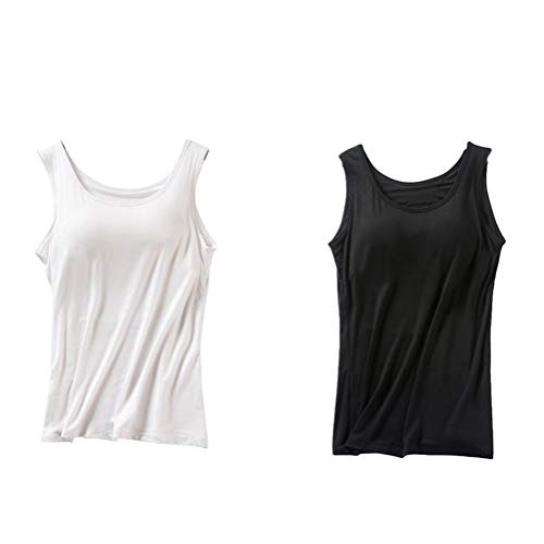 Jitong 2 Stück Damen Unterhemd, Spaghetti Unterhemden mit Integriertem BH Ohne Bügel - Weiß + Schwarz, XL von Jitong