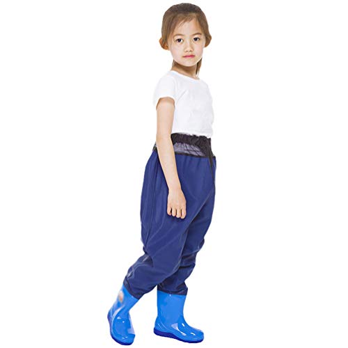 Jitong Kinder Regenlatzhose Wind- und wasserdicht Latzhose Matschhose mit Regenstiefel für Mädchen Junge - Dunkel Blau, 29 (18.5cm) von Jitong