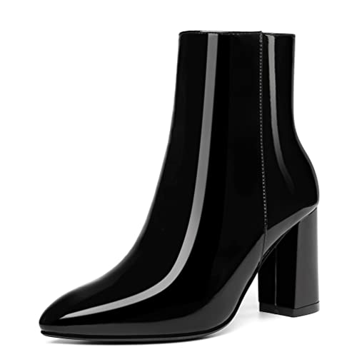 Jiu du Damen High Heels Stiefeletten Chunky Blockabsatz Stiefel Spitze Zehen Mode Kleid Hochzeit Stiefel Lackleder PU Seitlicher Reißverschluss Kurze Stiefel, schwarz, 37 EU von Jiu du