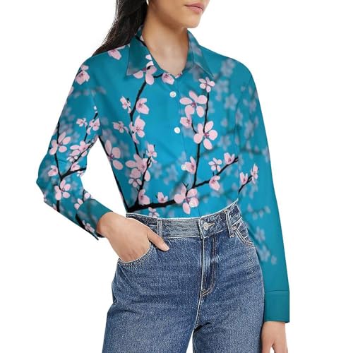 JiuPopular Damen Bluse Frühling Japanische Kirschblüten Erdbeeren Muster Langarm Button-Down Shirt für Arbeit Party, Frühling Japanische Kirschblüten Erdbeer-Muster, L von JiuPopular