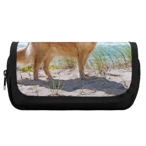 JiuPopular Doppellagiges Federmäppchen, Golden RetrieverSchreibwaren-Tasche als Federmäppchen für Büro und Schule, Geschäftsreisetasche oder kleine Werkzeugbox, Make-up-Tasche für Mädchen von JiuPopular