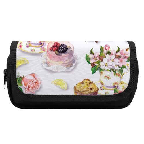 JiuPopular Doppelschichtiges Federmäppchen, Kuchen- und Teekannen-Blumenmuster, Schreibwaren-Tasche als Federmäppchen für Büro und Schule, Geschäftsreise oder kleine Werkzeugbox, Make-up-Tasche für von JiuPopular