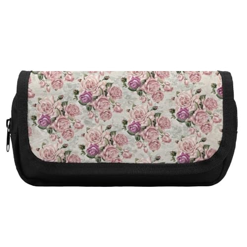 JiuPopular Doppelschichtiges Federmäppchen, Rosenmuster, Schreibwaren-Tasche als Federmäppchen für Büro und Schule, Geschäftsreisetasche oder kleine Werkzeugbox, Make-up-Tasche für Mädchen von JiuPopular