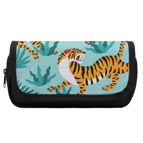 JiuPopular Doppelschichtiges Federmäppchen, Tiger-Muster, Schreibwaren-Tasche als Federmäppchen für Büro und Schule, Geschäftsreisetasche oder kleine Werkzeugbox, Make-up-Tasche für Mädchen von JiuPopular