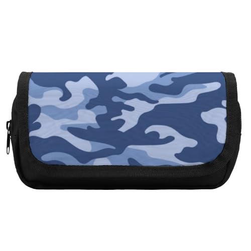 JiuPopular Doppelschichtiges Federmäppchen, blaue Tarnung, Schreibwaren-Tasche als Federmäppchen für Büro und Schule, Geschäftsreisetasche oder kleine Werkzeugbox, Make-up-Tasche für Mädchen von JiuPopular