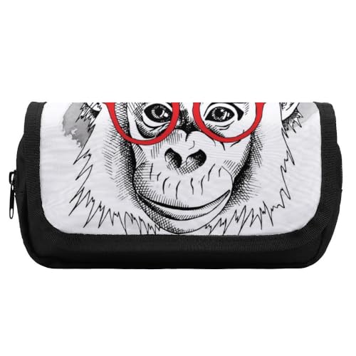 JiuPopular Doppelschichtiges Federmäppchen, niedlicher Affe mit Brille, Schreibwaren-Tasche als Federmäppchen für Büro und Schule, Geschäftsreise oder kleine Werkzeugbox, Make-up-Tasche für Mädchen von JiuPopular