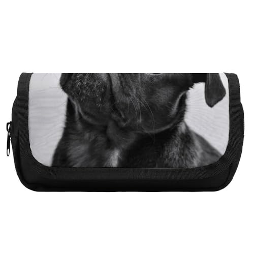 JiuPopular Doppelschichtiges Federmäppchen, niedlicher schwarzer Mops-Hund, Schreibwaren-Tasche als Federmäppchen für Büro und Schule, Geschäftsreise oder kleine Werkzeugbox, Make-up-Tasche für von JiuPopular