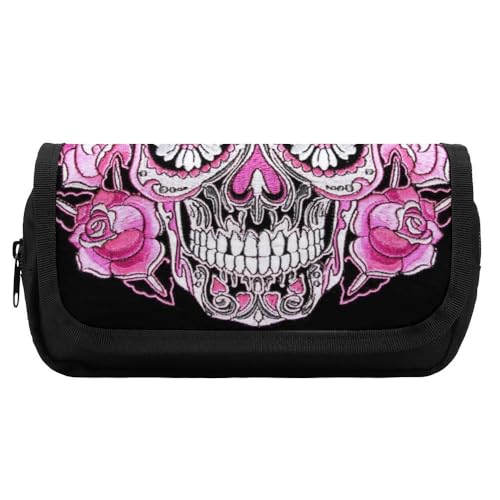 JiuPopular Doppelschichtiges Federmäppchen, rosa Zuckerschädel, Schreibwaren-Tasche als Federmäppchen für Büro und Schule, Geschäftsreisetasche oder kleine Werkzeugbox, Make-up-Tasche für Mädchen von JiuPopular