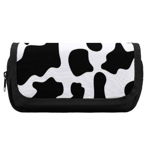 JiuPopular Doppelschichtiges Federmäppchen, schwarze Kuh-DruckSchreibwaren-Tasche als Federmäppchen für Büro und Schule, Geschäftsreisetasche oder kleine Werkzeugbox, Make-up-Tasche für Mädchen von JiuPopular