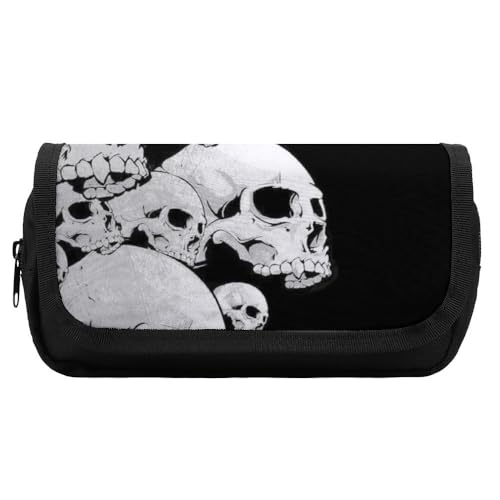 JiuPopular Doppelschichtiges Federmäppchen, schwarze Totenkopf-Schreibwaren-Tasche als Federmäppchen für Büro und Schule, Geschäftsreisetasche oder kleine Werkzeugbox, Make-up-Tasche für Mädchen von JiuPopular