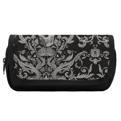 JiuPopular Doppelschichtiges Federmäppchen, schwarze Totenkopf-Schreibwaren-Tasche als Federmäppchen für Büro und Schule, Geschäftsreisetasche oder kleine Werkzeugbox, Make-up-Tasche für Mädchen von JiuPopular