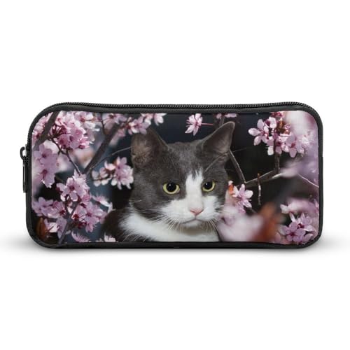JiuPopular Federmäppchen, Katzen- und Kirschblüten-Schreibwaren-Tasche als Federmäppchen für Büro und Schule, Geschäftsreisetasche oder kleine Werkzeugbox, Make-up-Tasche für Mädchen von JiuPopular