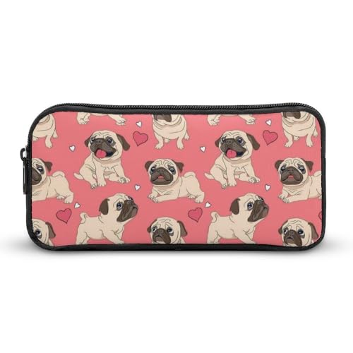 JiuPopular Federmäppchen, Mops und rosa Hintergrund, Schreibwaren-Tasche als Federmäppchen für Büro und Schule, Geschäftsreisetasche oder kleine Werkzeugbox, Make-up-Tasche für Mädchen von JiuPopular