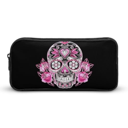 JiuPopular Federmäppchen, rosa Totenkopf-Schreibwaren-Tasche als Federmäppchen für Büro und Schule, Business-Reisetasche oder kleine Werkzeugbox, Make-up-Tasche für Mädchen von JiuPopular