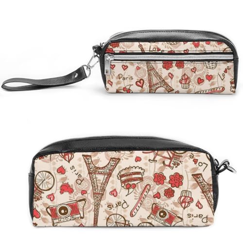 JiuPopular Federmäppchen aus Leder, Motiv: Paris Eiffelturm, Schreibwarentasche als Federmäppchen für Büro und Schule, Geschäftsreise oder kleine Werkzeugbox, Make-up-Tasche von JiuPopular